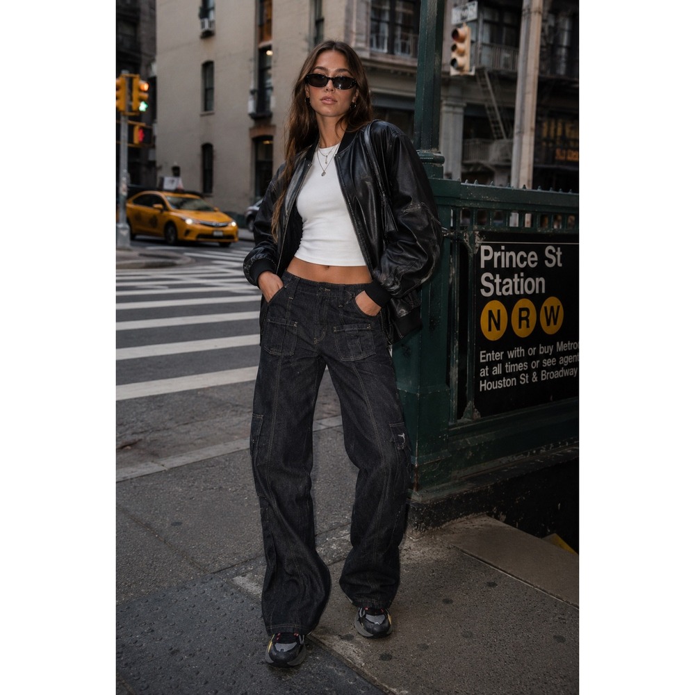 BDG Urban Outfitters Y2K Cargo Wide Leg Dark Wash‎ Denim Jeans Large Womens
